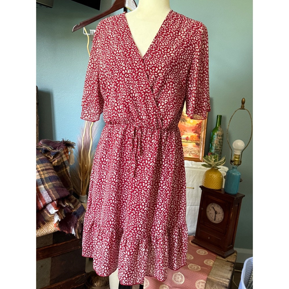 Kirundo Red White Leopard Print Wrap Dress Ruffle Short Sleeve V-Neck Medium